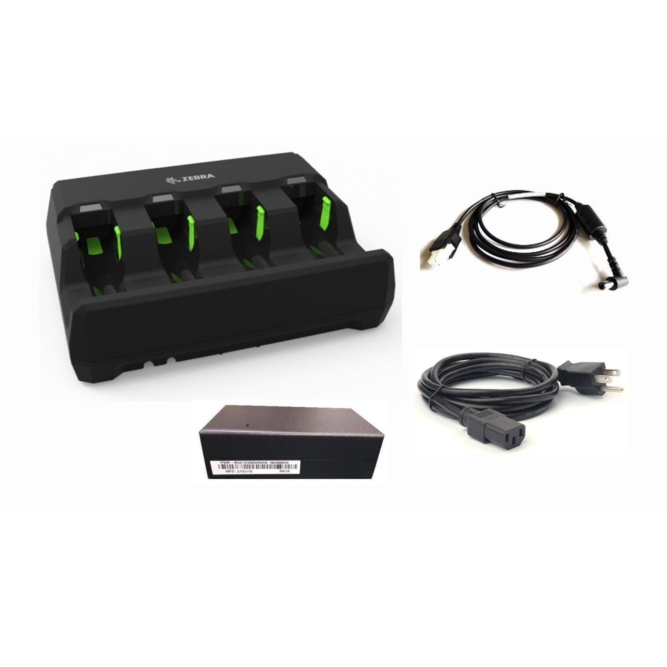 ZEBRA EVM, 3600 BATTERY CHARGER KIT: INCLUDES 4 SLOT CHARGER SAC3600-4001CR, POWER SUPPLY PWR-BGA12V50W0WW, DC LINE CORD CBL-DC-375A1-01 AND AC LINE CORD 23844-00-00R